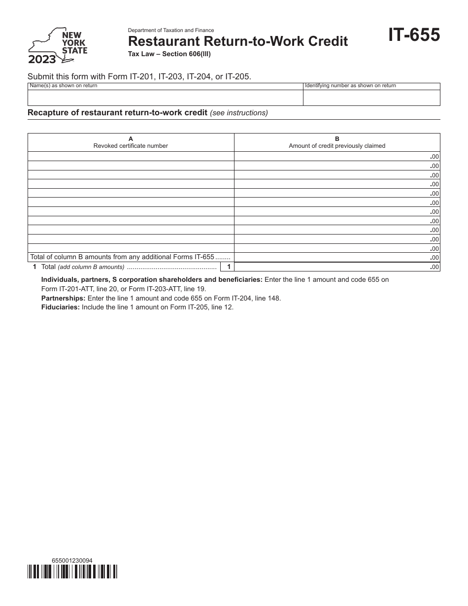 Form IT-655 Restaurant Return-To-Work Credit - New York, Page 1