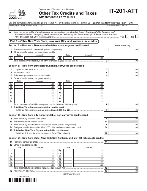 Form IT-201-ATT Other Tax Credits and Taxes - New York, 2023
