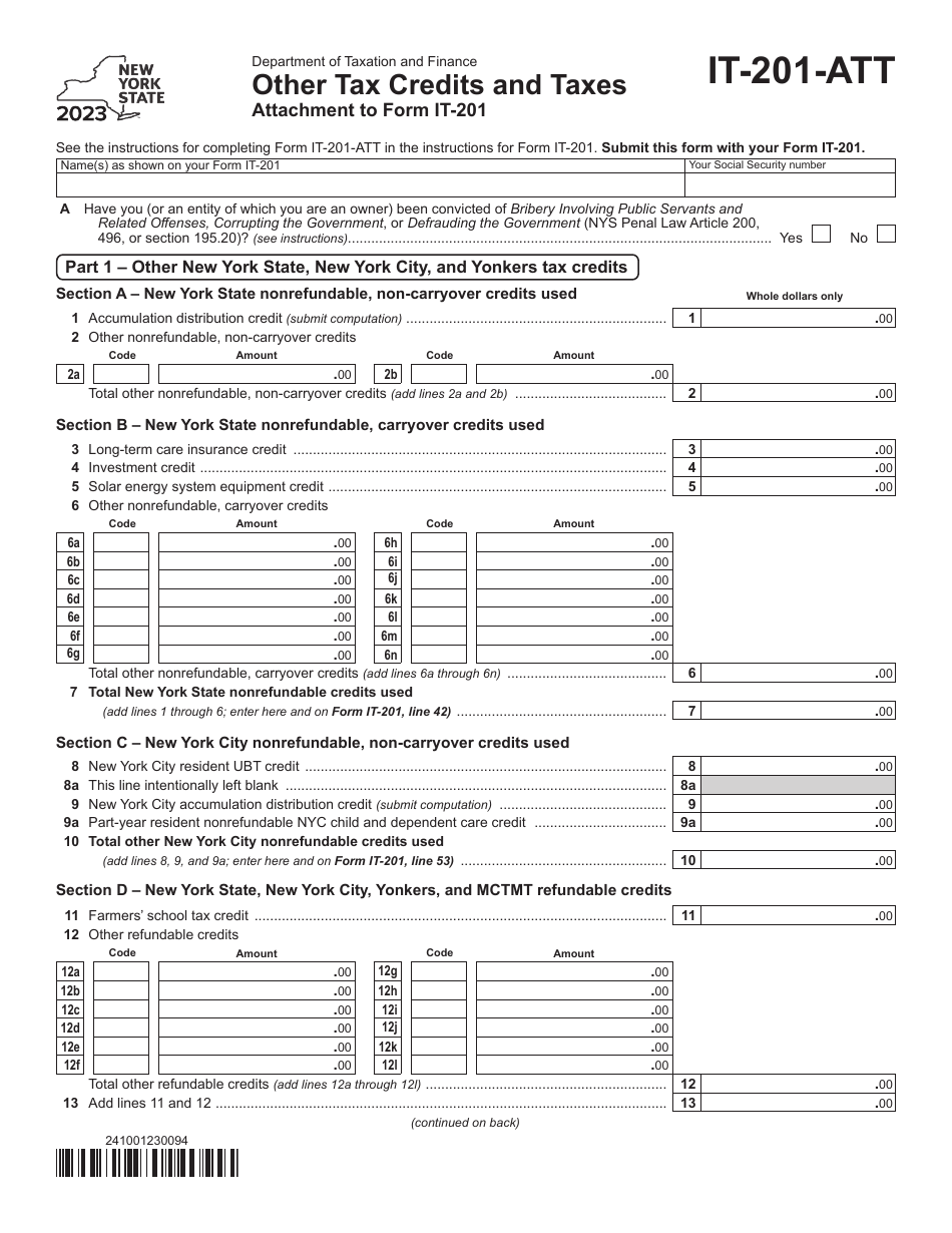 Form IT-201-ATT Other Tax Credits and Taxes - New York, Page 1