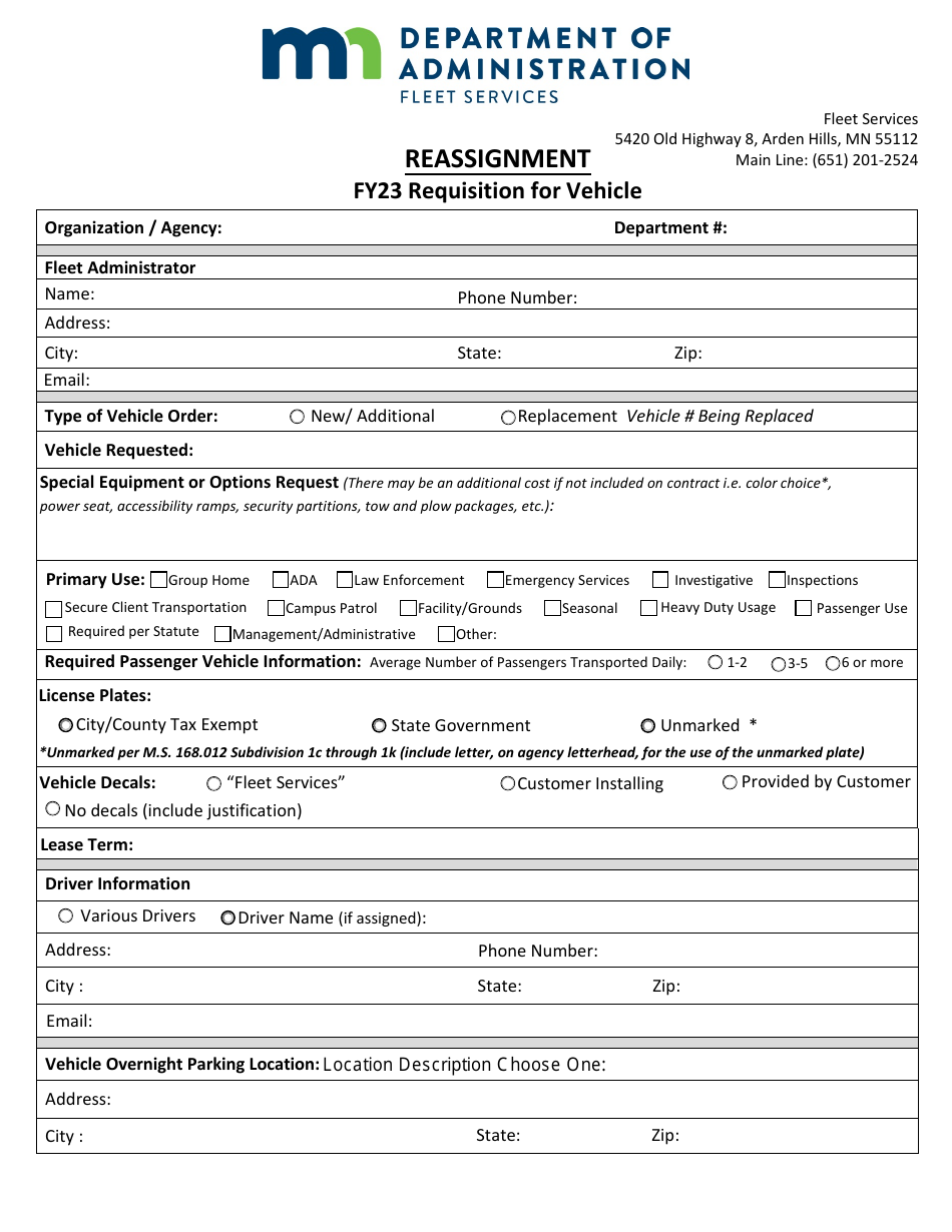 Reassignment - Requisition for Vehicle - Minnesota, Page 1