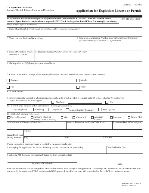 ATF Form 5400.13/5400.16 Application for Explosives License or Permit
