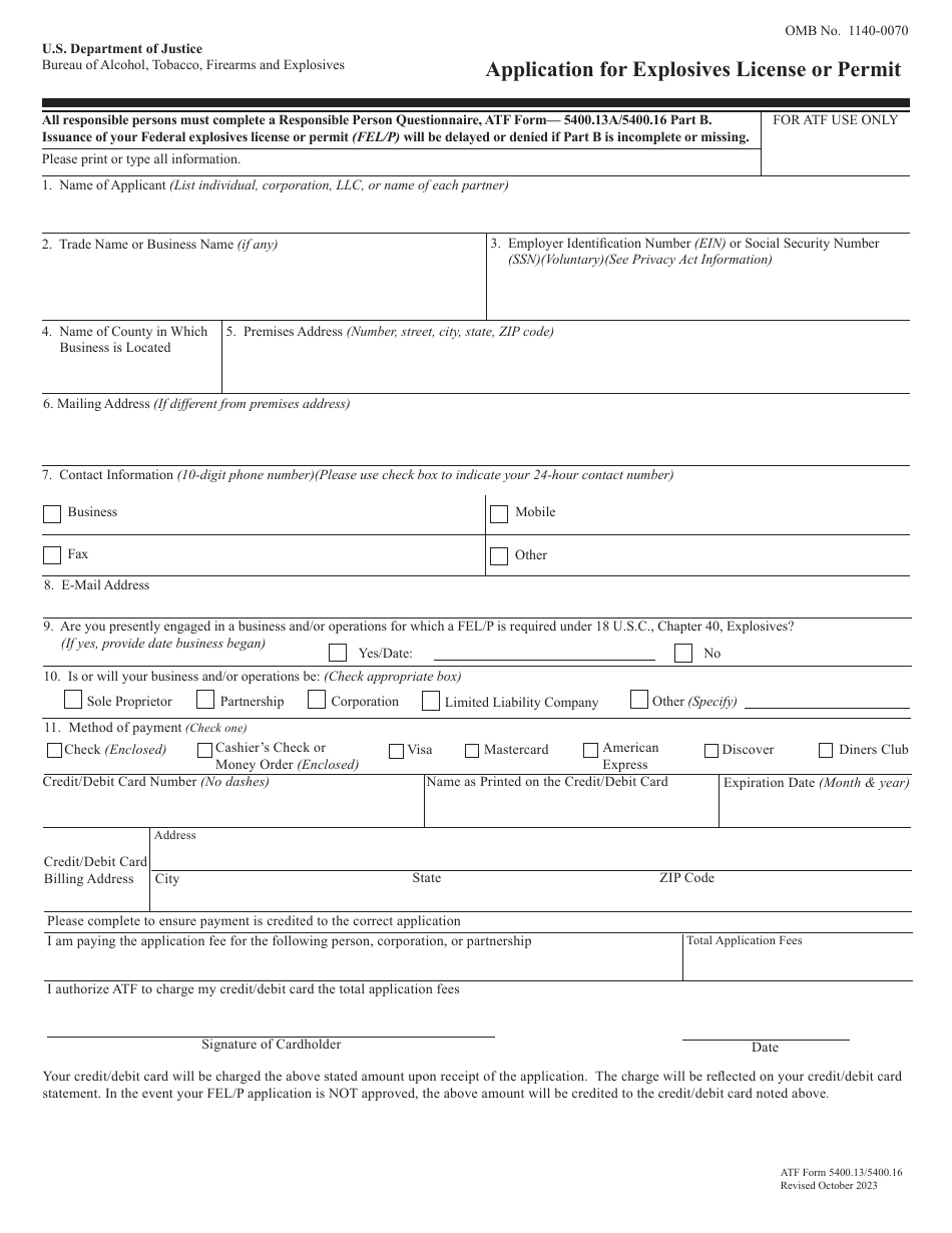 ATF Form 5400.13 / 5400.16 Application for Explosives License or Permit, Page 1