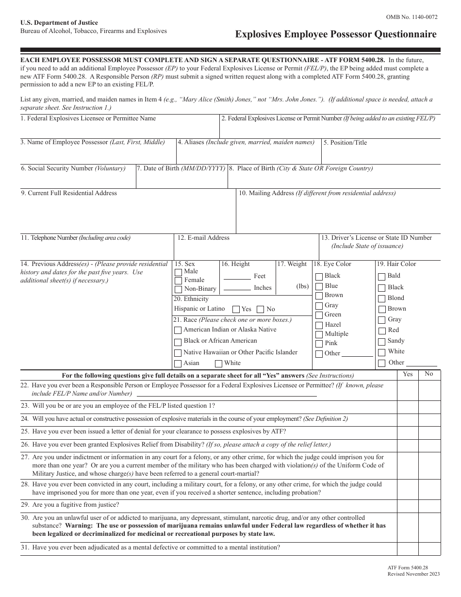 ATF Form 5400.28 Explosives Employee Possessor Questionnaire, Page 1