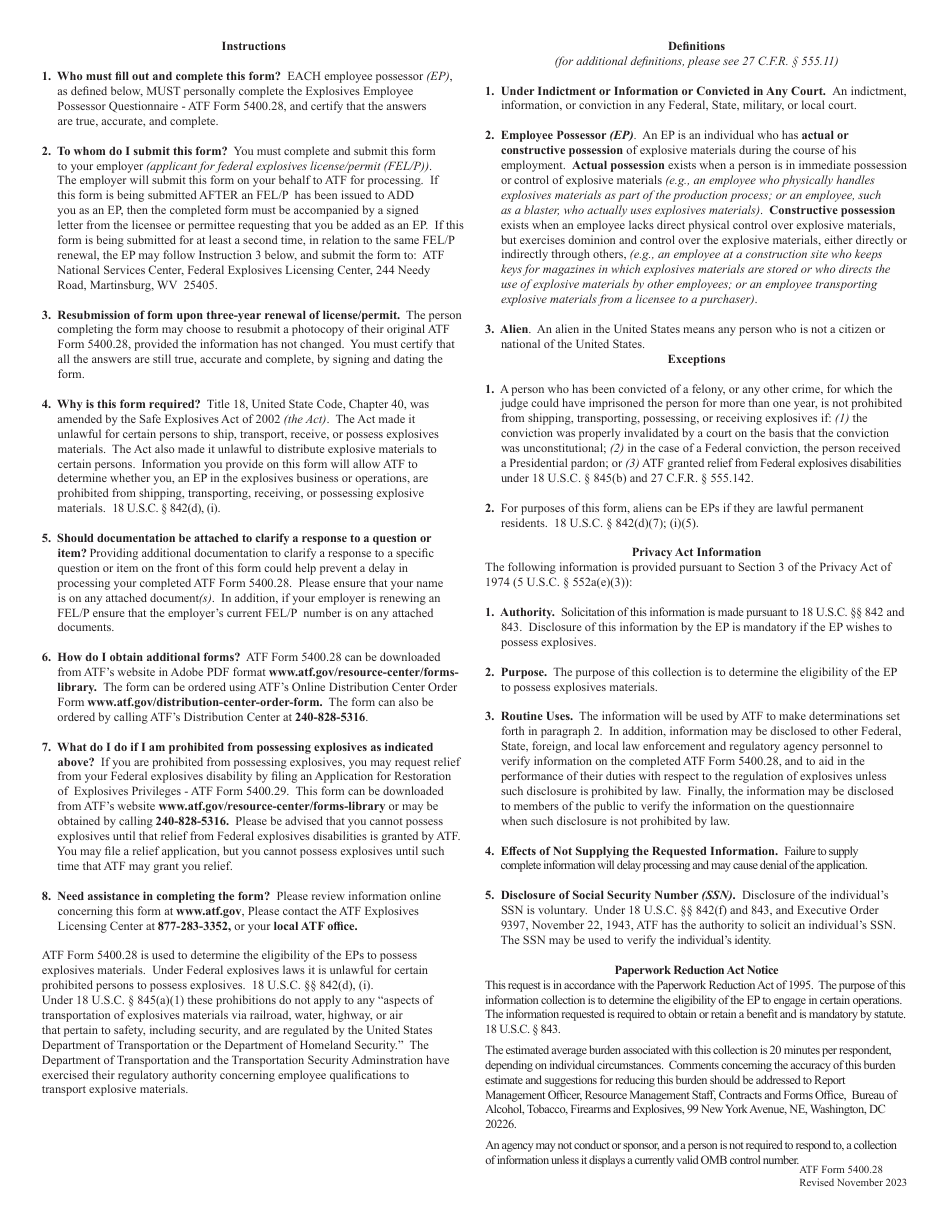 ATF Form 5400.28 Explosives Employee Possessor Questionnaire, Page 3