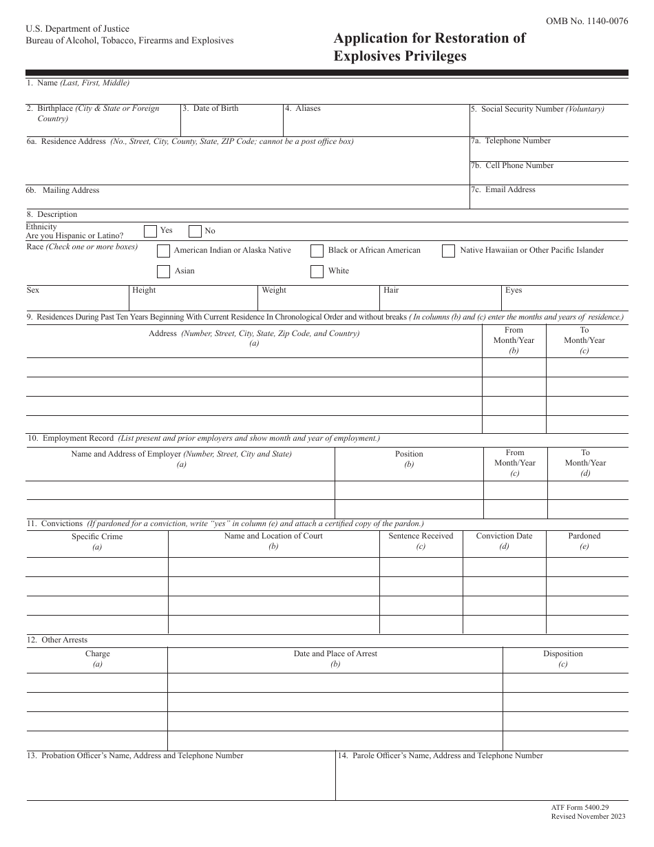 ATF Form 5400.29 Application for Restoration of Explosives Privileges, Page 1