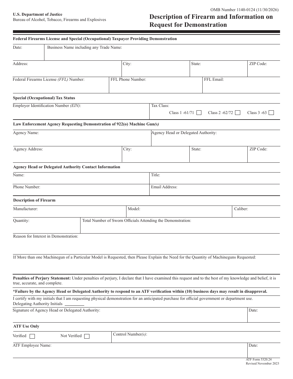 ATF Form 5320.24 Description of Firearm and Information on Request for Demonstration, Page 1