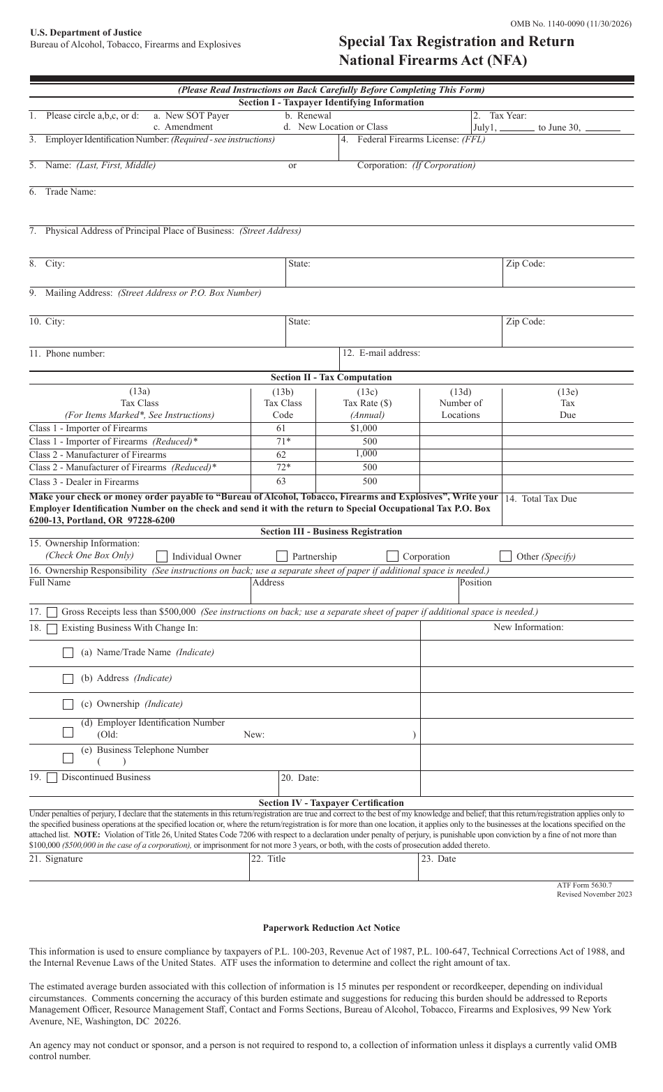 ATF Form 5630.7 Special Tax Registration and Return National Firearms Act (Nfa), Page 1