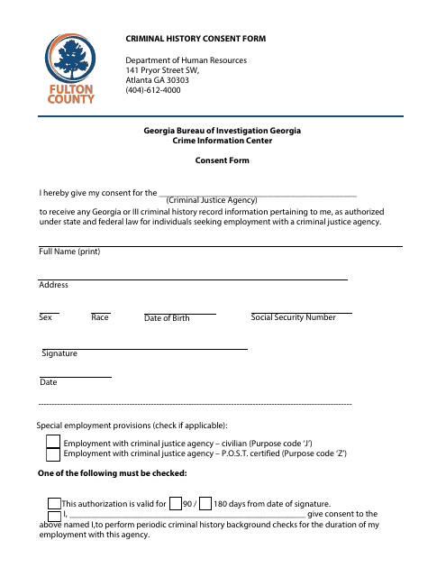 Crime Information Center Consent Form - Fulton County, Georgia (United States) Download Pdf