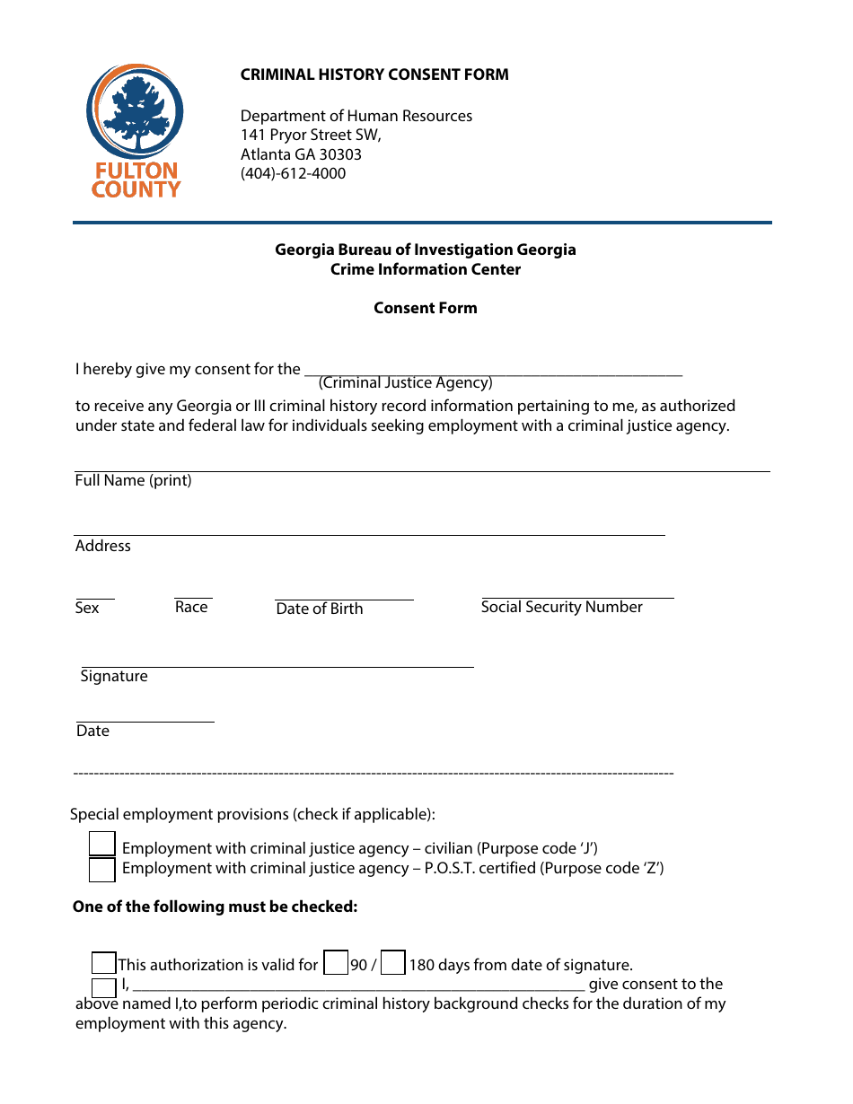 Crime Information Center Consent Form - Fulton County, Georgia (United States), Page 1