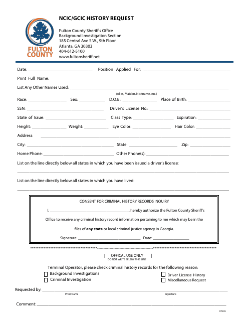 Form OPS09 Ncic/Gcic History Request - Fulton County, Georgia (United States)