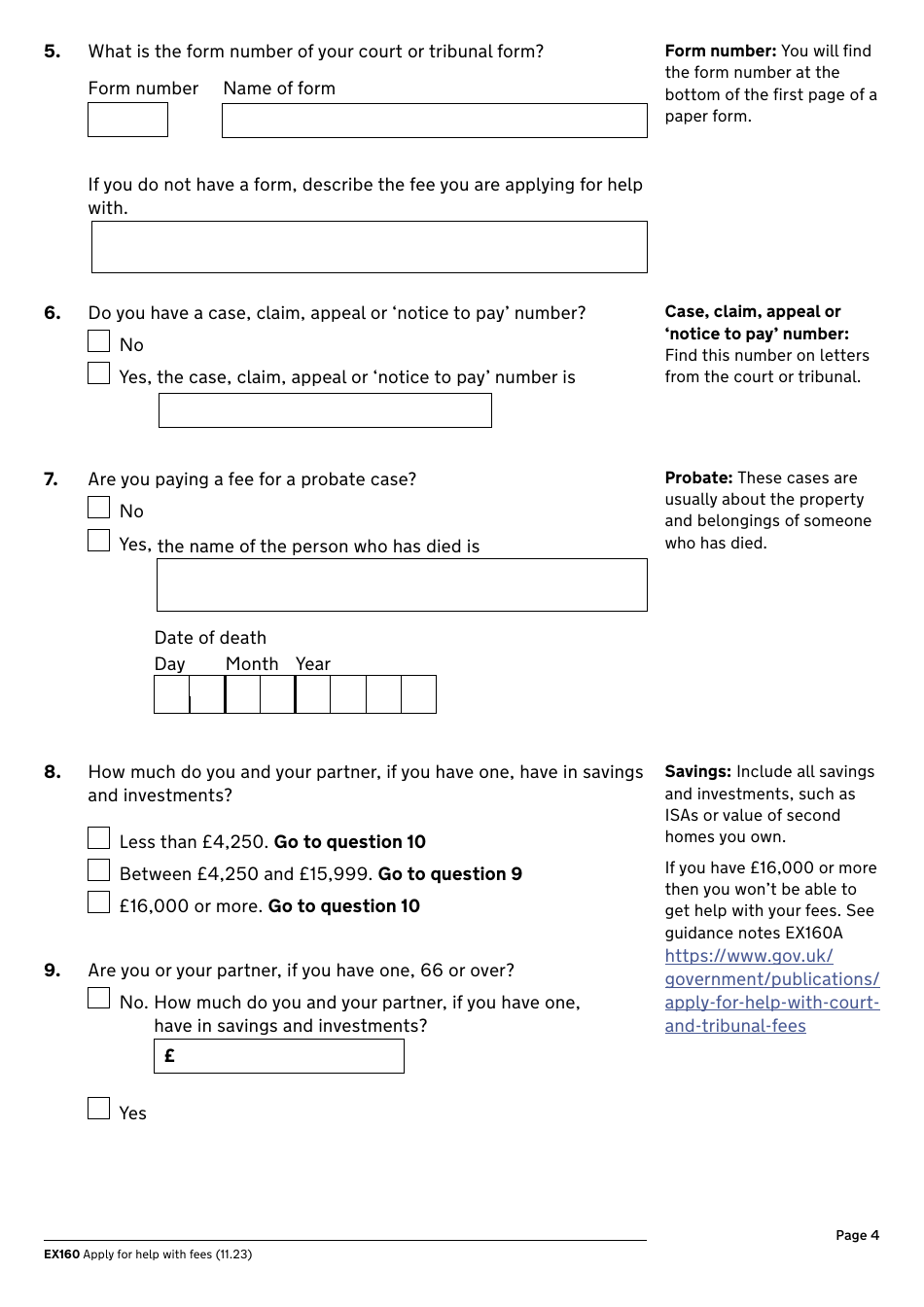 Form EX160 Apply for Help With Court and Tribunal Fees - United Kingdom, Page 4