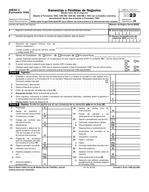 IRS Formulario 1040 (SP) Anexo C 2023 Printable Pdf