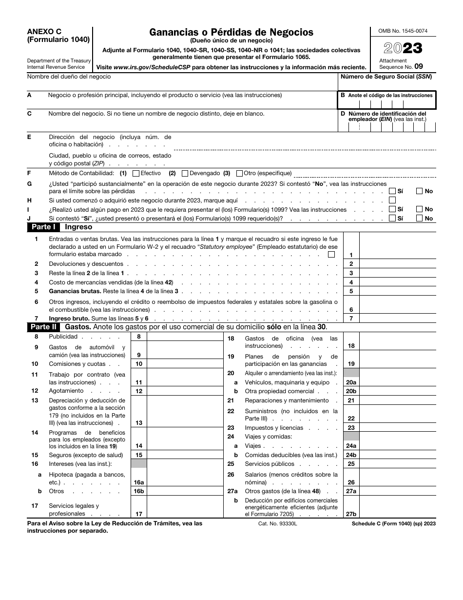 IRS Formulario 1040 (SP) Anexo C Ganancias O Perdidas De Negocios (Dueno Unico De Un Negocio) (Spanish), Page 1