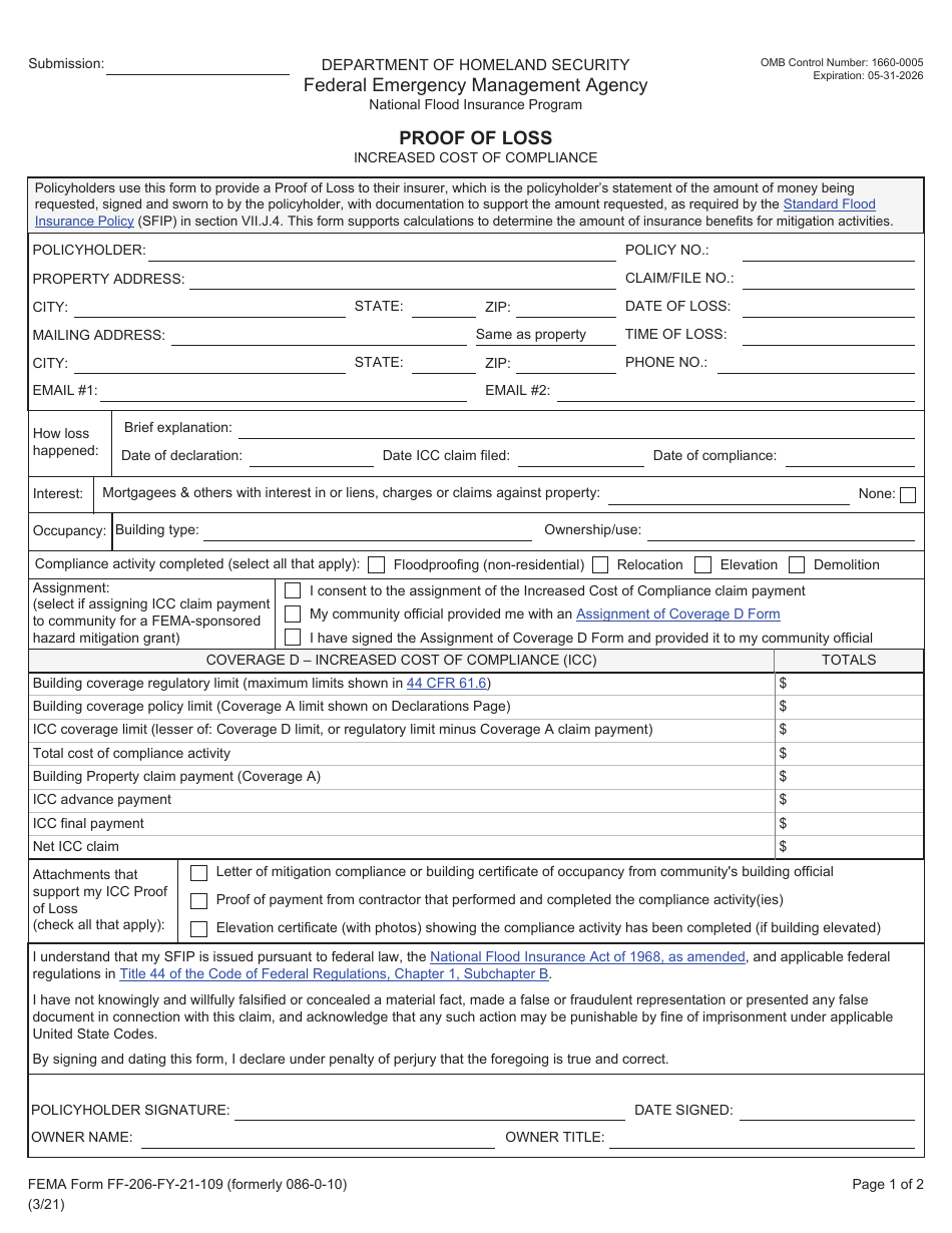 FEMA Form FF-206-FY-21-109 Proof of Loss - Increased Cost of Compliance - National Flood Insurance Program, Page 1