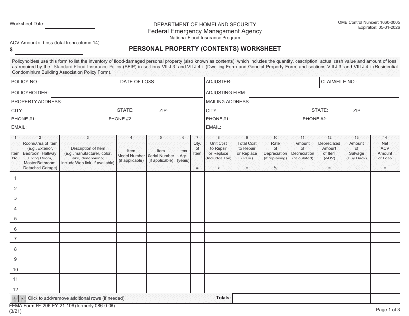FEMA Form FF-206-FY-21-106 Personal Property (Contents) Worksheet - National Flood Insurance Program