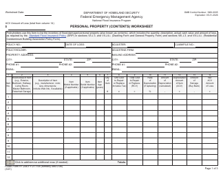 FEMA Form FF-206-FY-21-106 Personal Property (Contents) Worksheet - National Flood Insurance Program