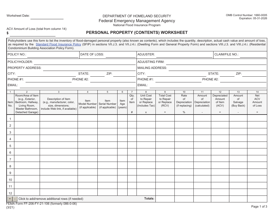 FEMA Form FF-206-FY-21-106 Personal Property (Contents) Worksheet - National Flood Insurance Program, Page 1