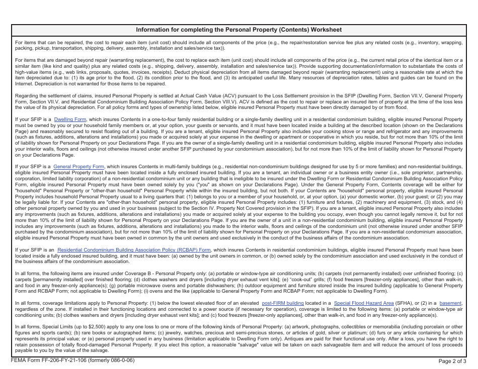 FEMA Form FF-206-FY-21-106 Personal Property (Contents) Worksheet - National Flood Insurance Program, Page 2