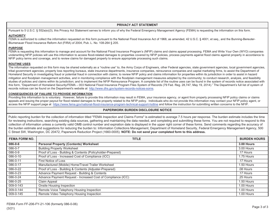 FEMA Form FF-206-FY-21-106 Personal Property (Contents) Worksheet - National Flood Insurance Program, Page 3