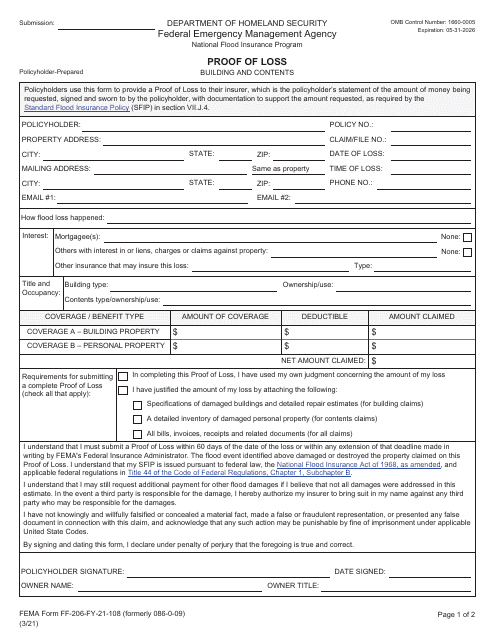 FEMA Form FF-206-FY-21-108 Proof of Loss - Building and Contents - National Flood Insurance Program