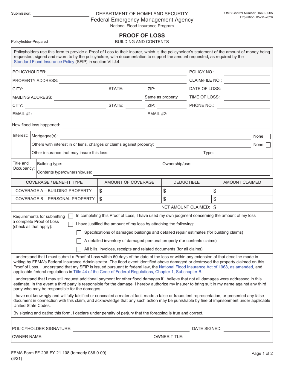 FEMA Form FF-206-FY-21-108 Proof of Loss - Building and Contents - National Flood Insurance Program, Page 1