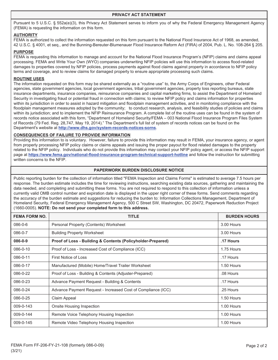 FEMA Form FF-206-FY-21-108 Proof of Loss - Building and Contents - National Flood Insurance Program, Page 2