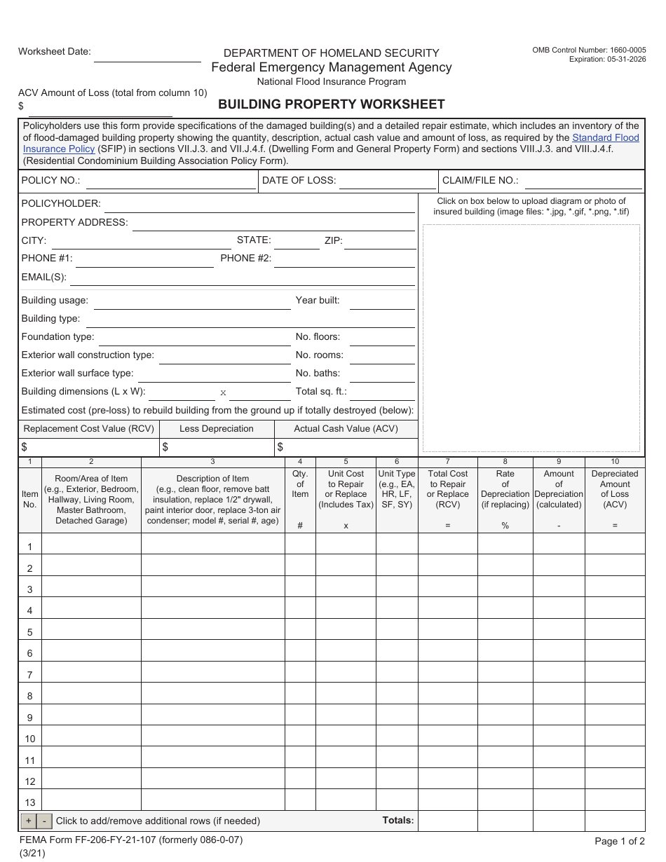 FEMA Form FF-206-FY-21-107 Building Property Worksheet - National Flood Insurance Program, Page 1