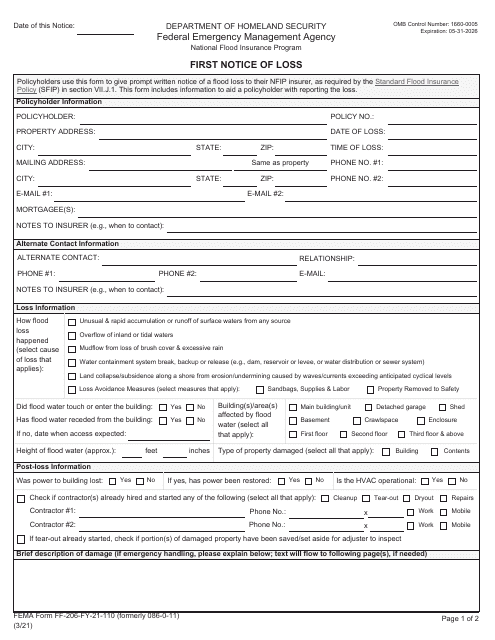 FEMA Form FF-206-FY-21-110  Printable Pdf