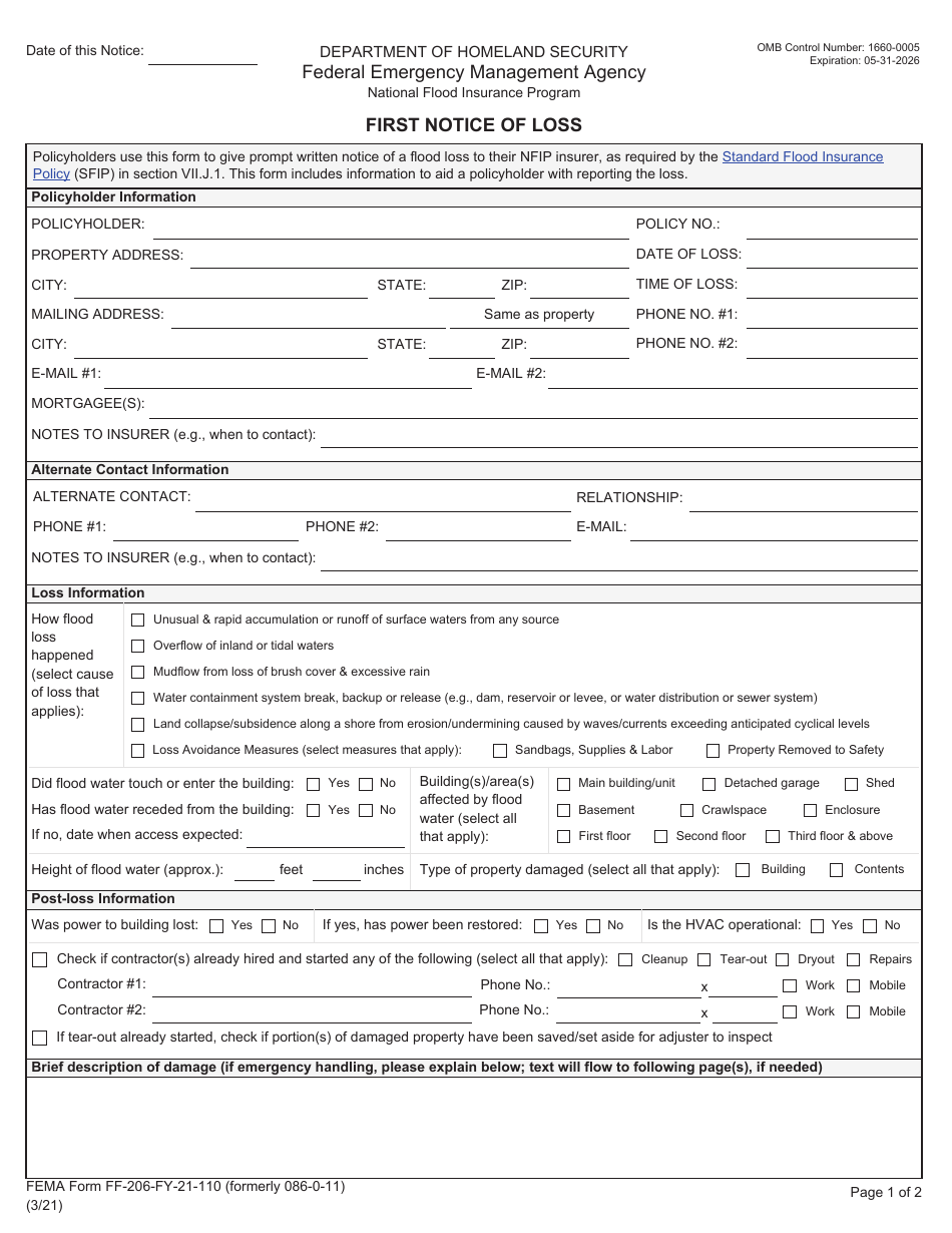FEMA Form FF-206-FY-21-110 First Notice of Loss - National Flood Insurance Program, Page 1