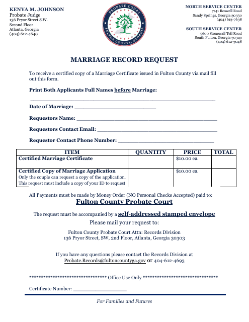 Marriage Record Request - Fulton County, Georgia (United States) Download Pdf