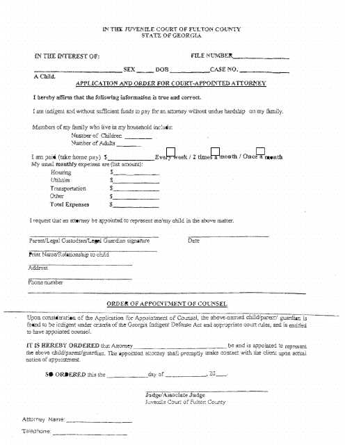 Application for Juvenile Court Appointed Counsel - Fulton County, Georgia (United States) Download Pdf