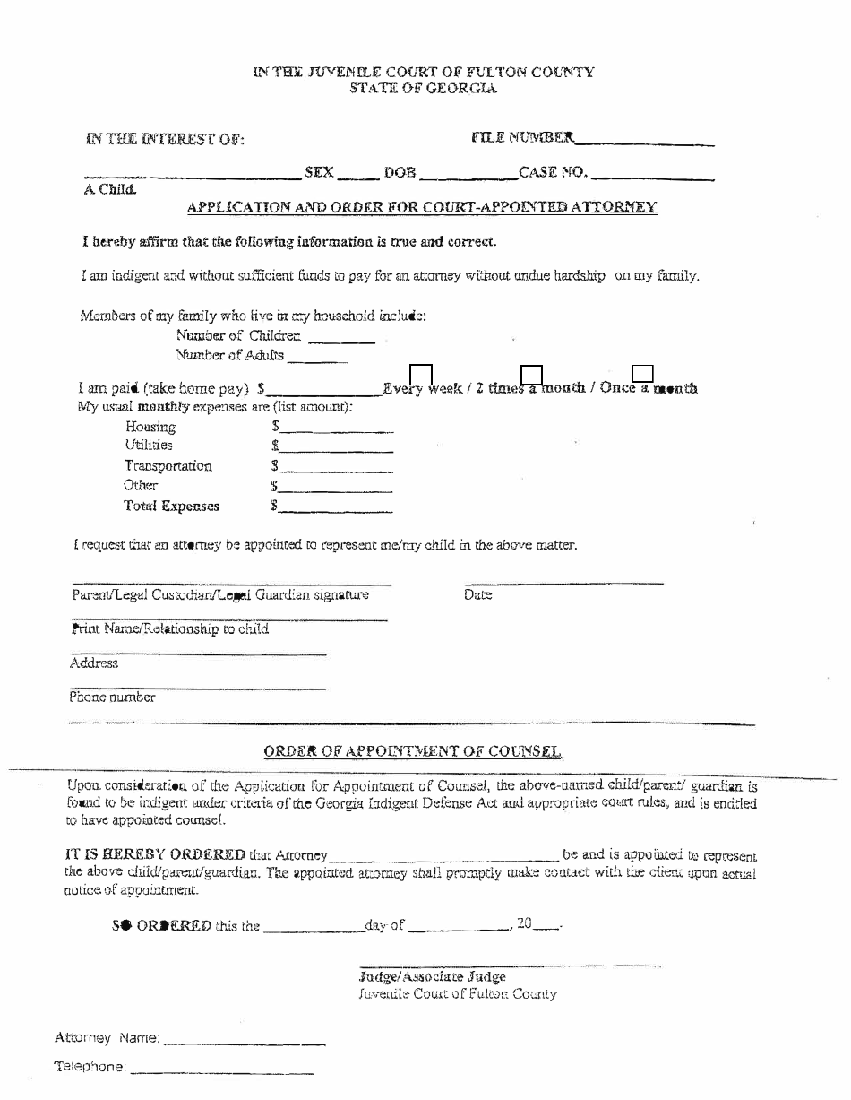 Application for Juvenile Court Appointed Counsel - Fulton County, Georgia (United States), Page 1