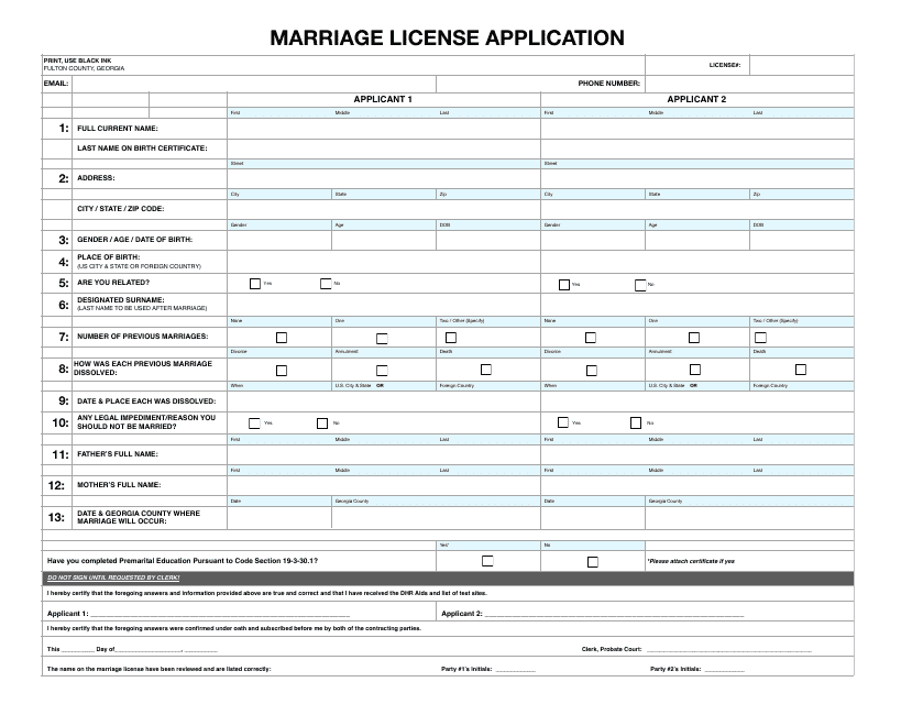 Marriage License Application - Fulton County, Georgia (United States) Download Pdf