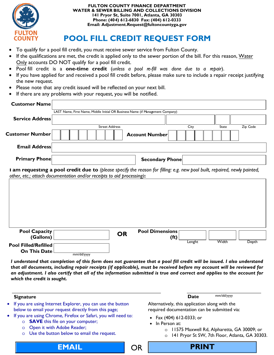 Pool Fill Credit Request Form - Fulton County, Georgia (United States), Page 1