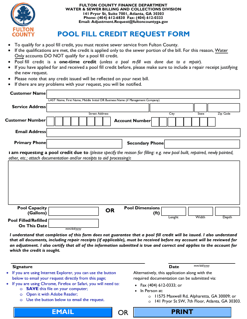 Pool Fill Credit Request Form - Fulton County, Georgia (United States) Download Pdf