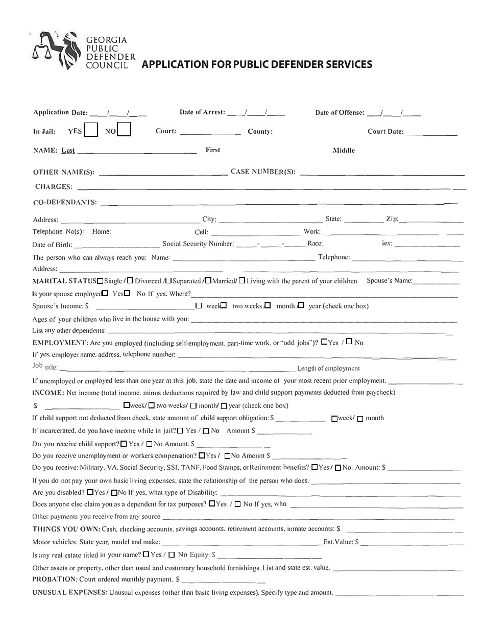 Application for Public Defender Services - Fulton County, Georgia (United States), Page 1