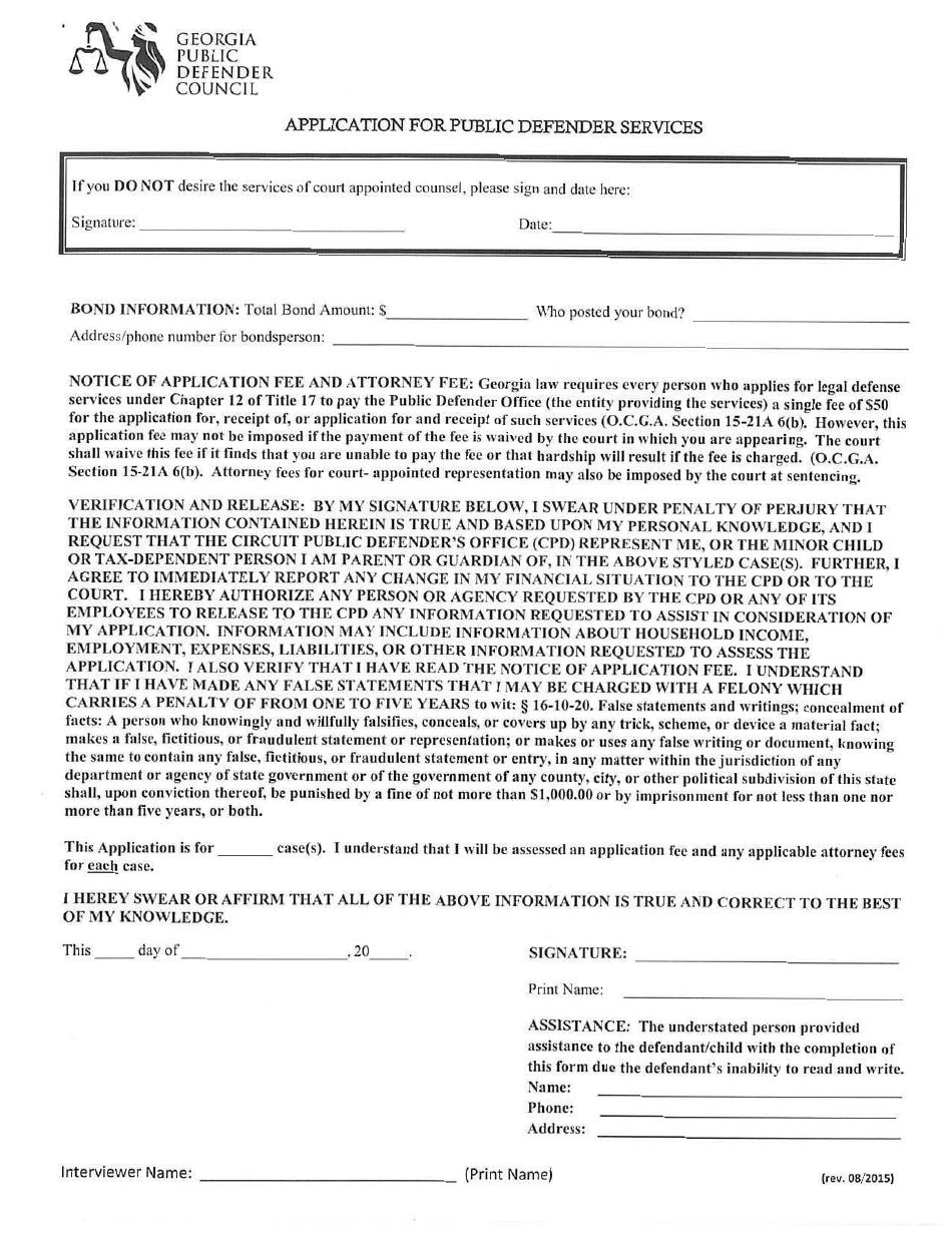 Fulton County Georgia United States Application For Public Defender Services Fill Out Sign 9939