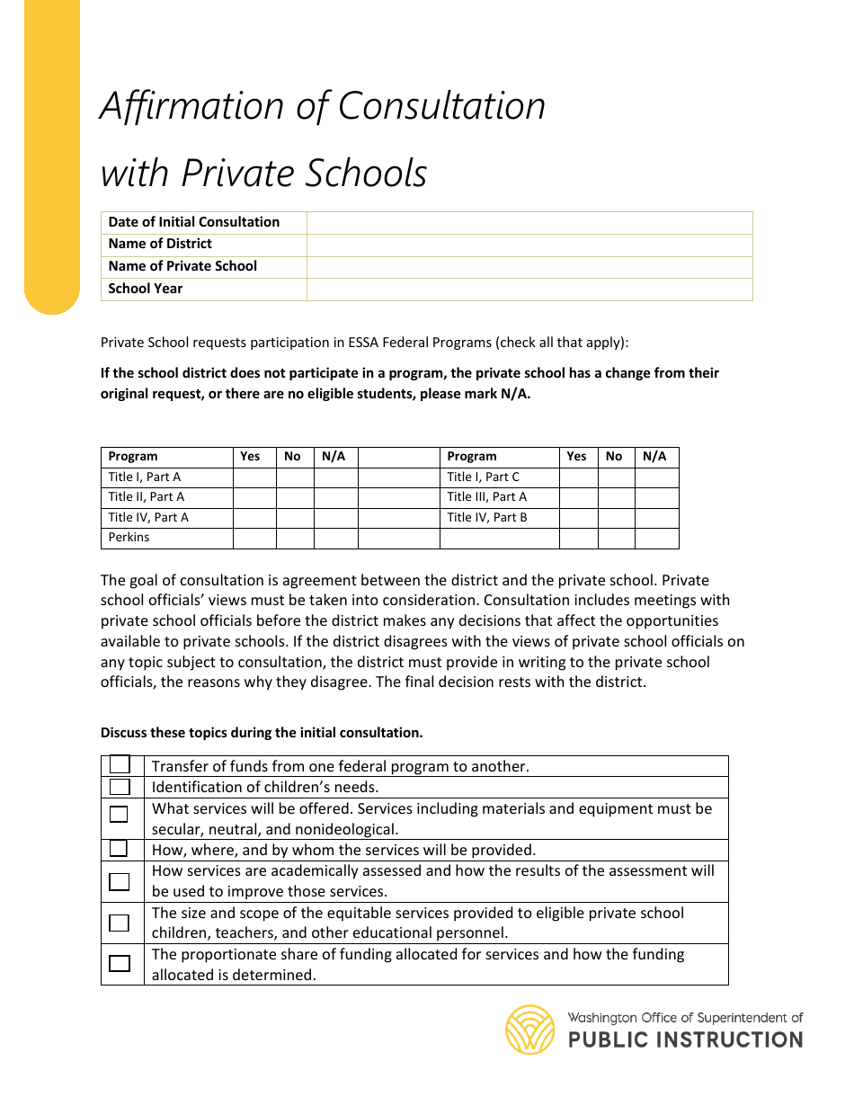 Affirmation of Consultation With Private Schools - Washington, Page 1