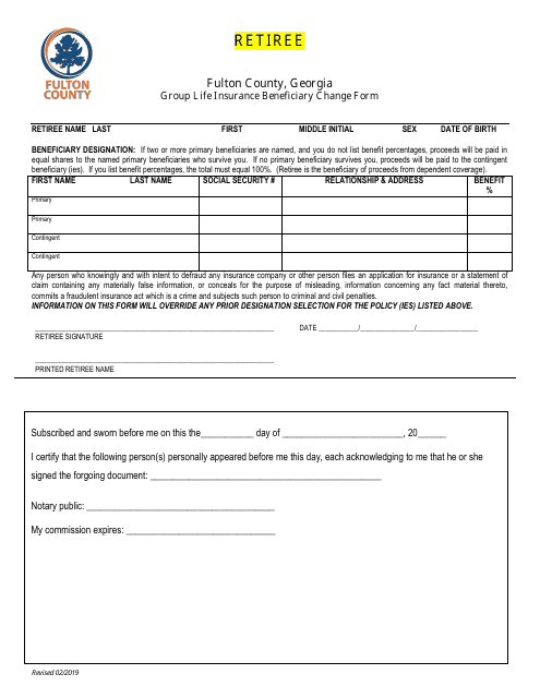 Group Life Insurance Beneficiary Change Form - Fulton County, Georgia (United States) Download Pdf