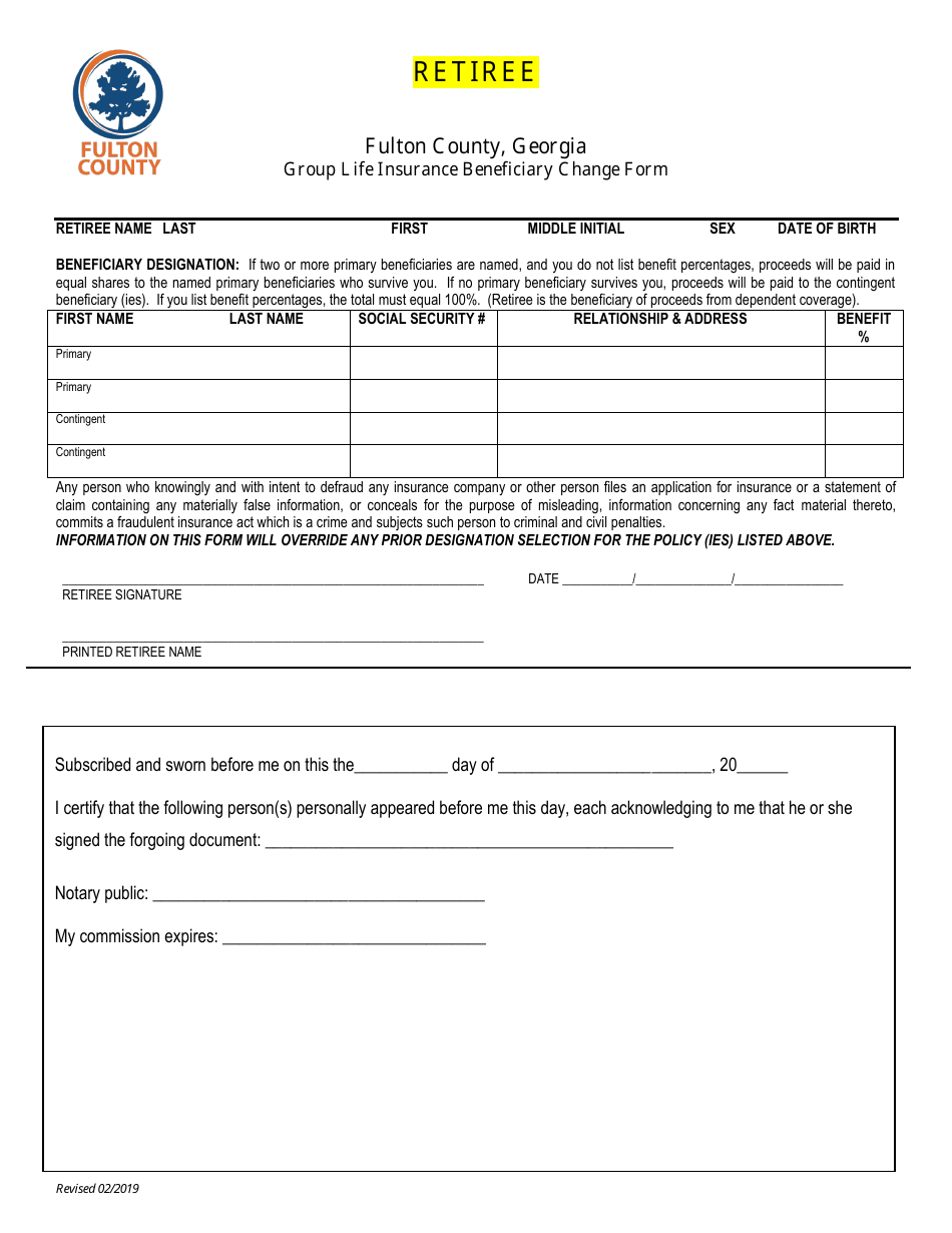 Group Life Insurance Beneficiary Change Form - Fulton County, Georgia (United States), Page 1