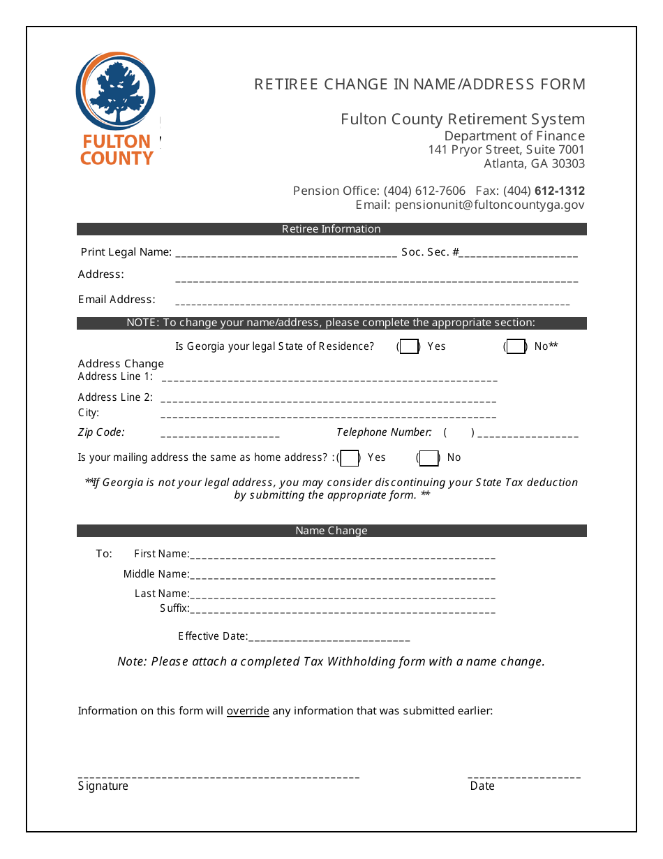Retiree Change in Name / Address Form - Fulton County, Georgia (United States), Page 1