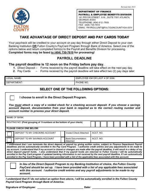 Direct Deposit and Pay Card Form - Fulton County, Georgia (United States) Download Pdf