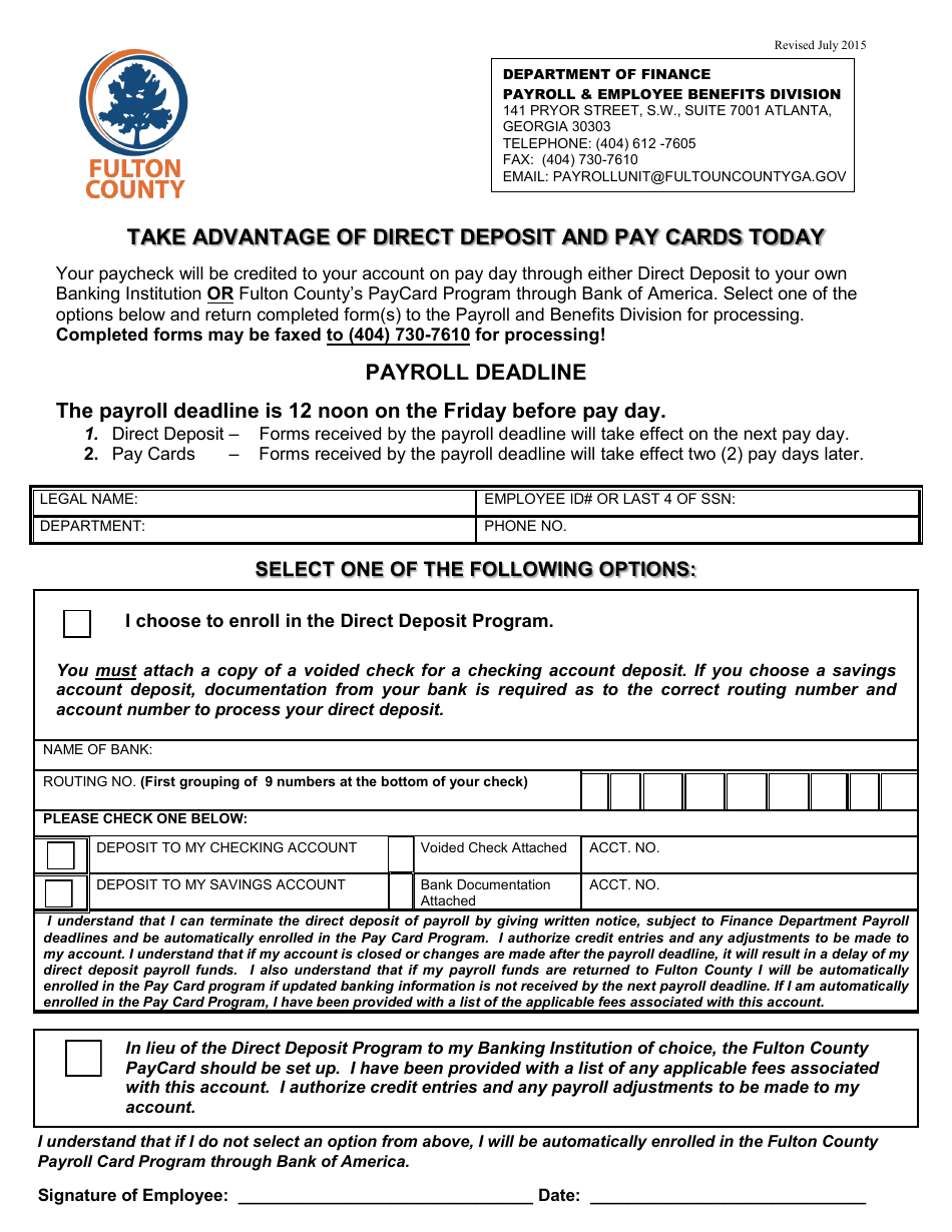 Direct Deposit and Pay Card Form - Fulton County, Georgia (United States), Page 1