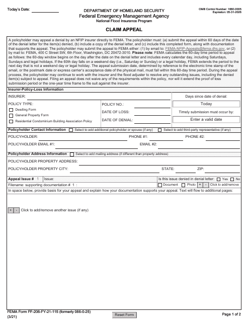 FEMA Form FF-206-FY-21-115  Printable Pdf