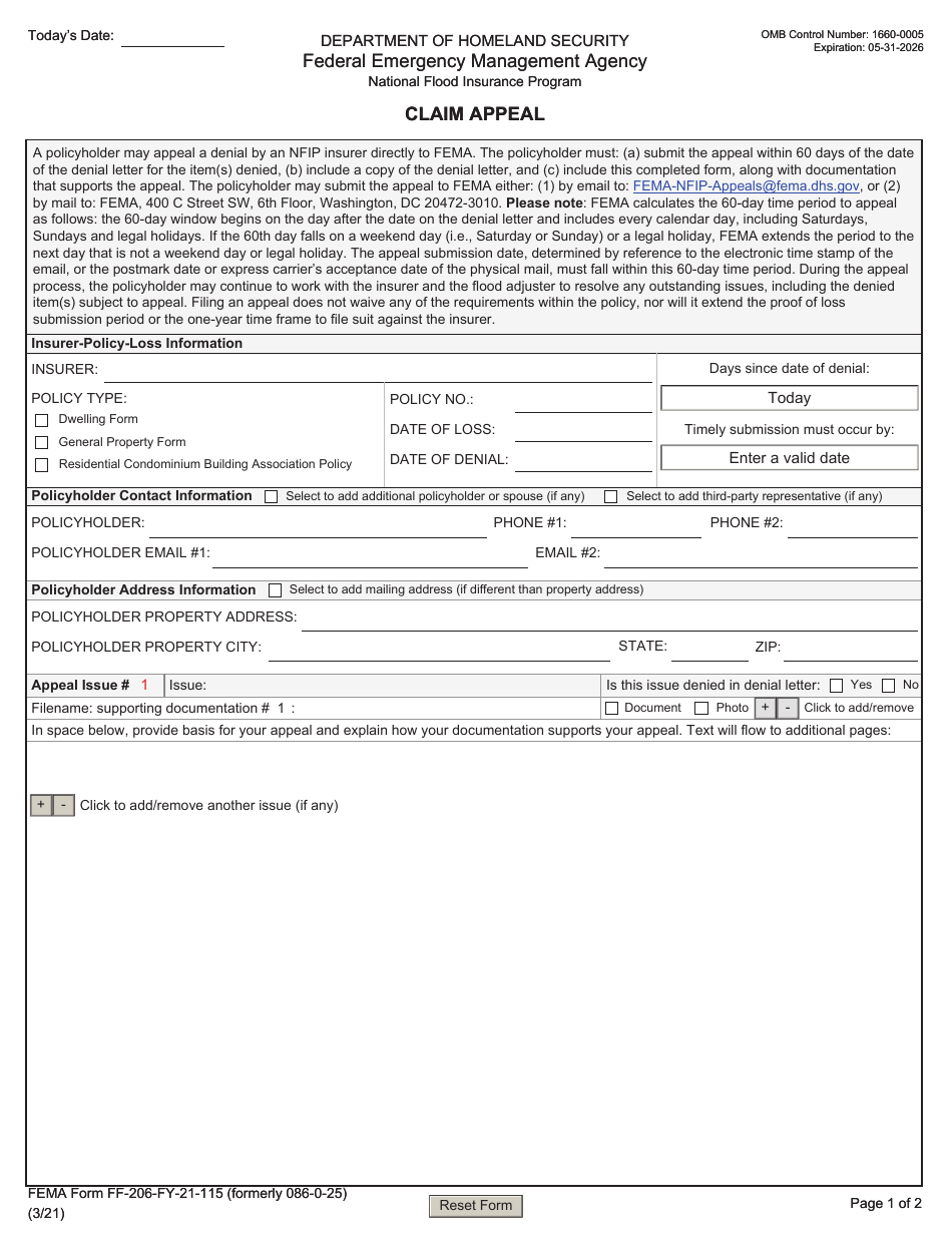 FEMA Form FF-206-FY-21-115 Claim Appeal - National Flood Insurance Program, Page 1