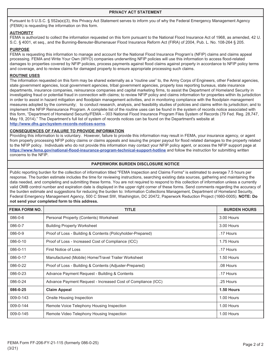 FEMA Form FF-206-FY-21-115 Claim Appeal - National Flood Insurance Program, Page 2