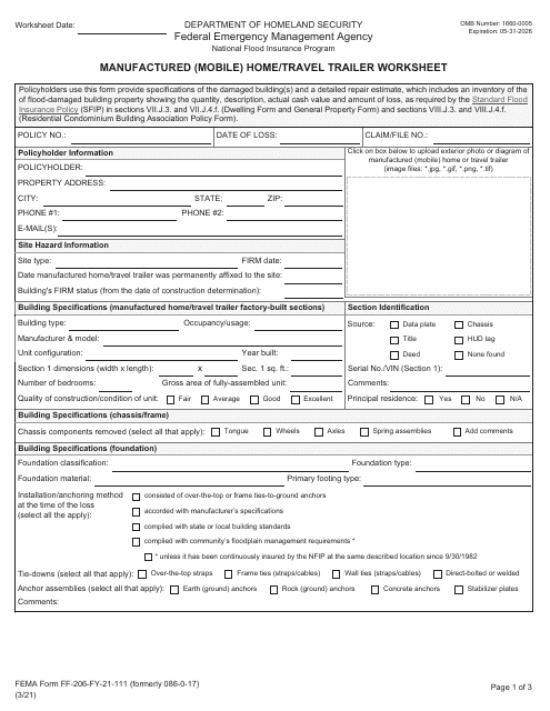 FEMA Form FF-206-FY-21-111 Manufactured (Mobile) Home/Travel Trailer Worksheet