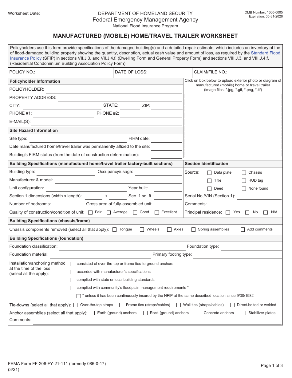 FEMA Form FF-206-FY-21-111 Manufactured (Mobile) Home / Travel Trailer Worksheet, Page 1