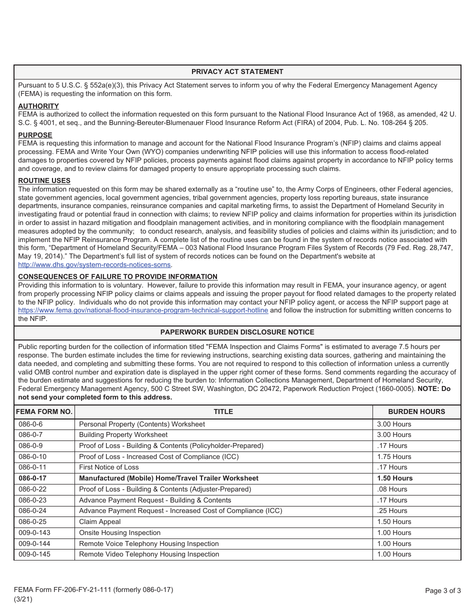 FEMA Form FF-206-FY-21-111 Manufactured (Mobile) Home / Travel Trailer Worksheet, Page 3