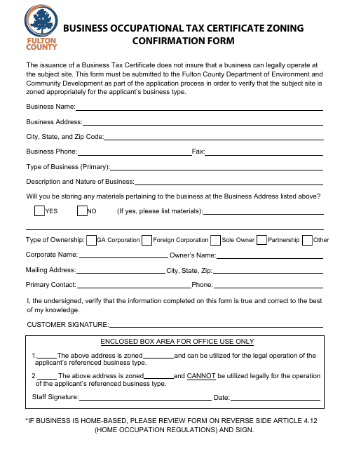 Business Occupational Tax Certificate Zoning Confirmation Form - Fulton County, Georgia (United States)